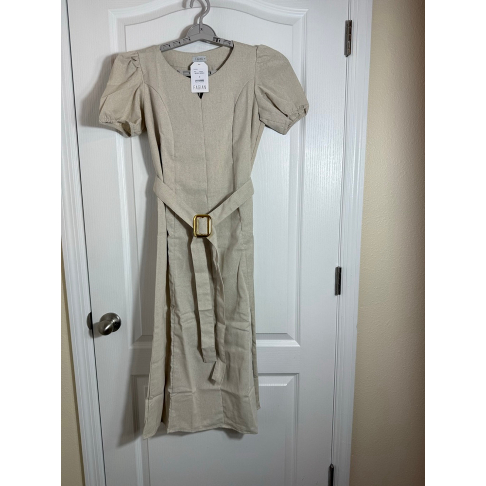 Women's FAGIAN Beige Linen Blend Midi Dress with Belt Size M